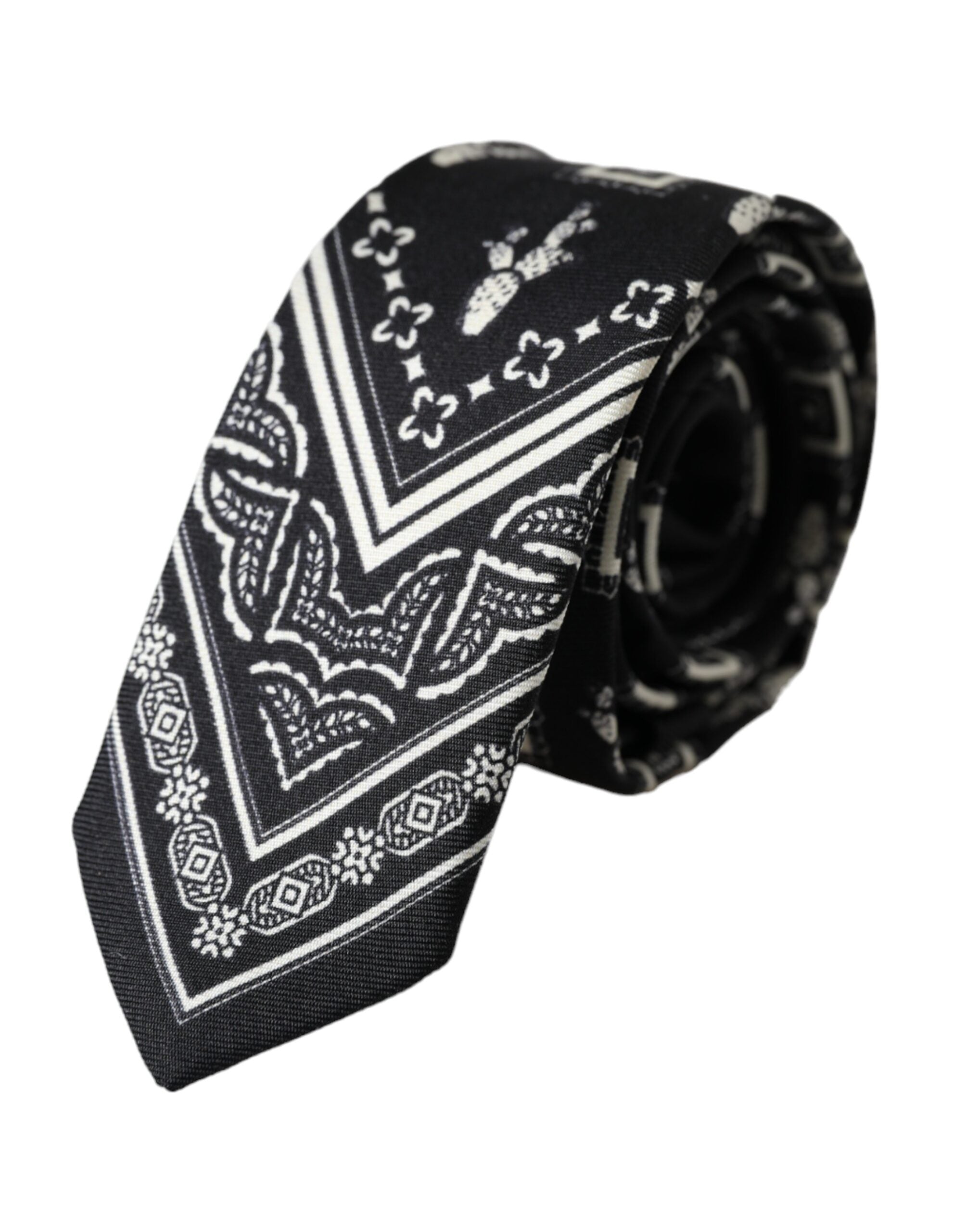 Black patterned 100% silk adjustable tie by Dolce & Gabbana, featuring a stylish design and classic knot display.