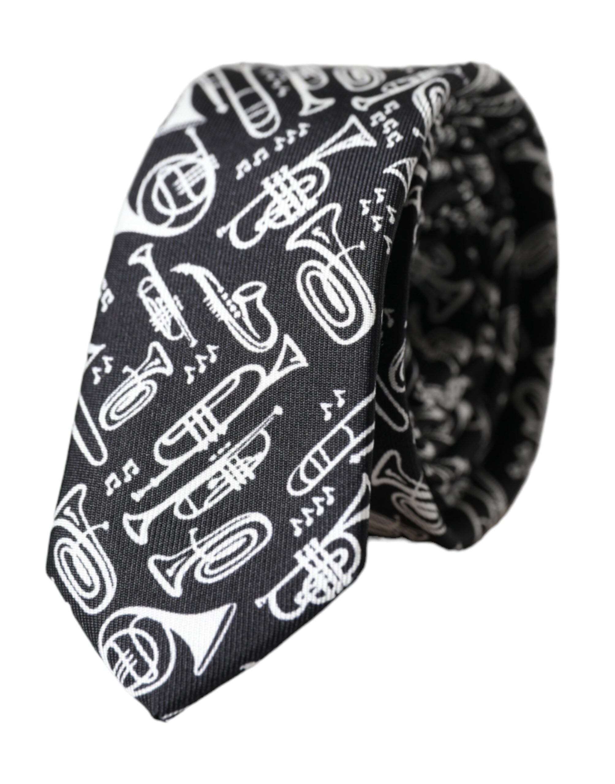 Black silk adjustable tie with trumpet print by Dolce & Gabbana, featuring a sleek, stylish design perfect for formal or fashionable wear.