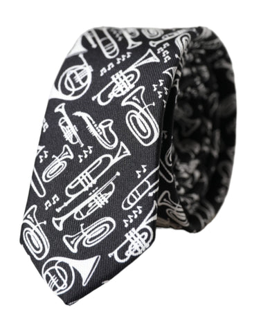 Black silk adjustable tie with trumpet print by Dolce & Gabbana, featuring a sleek, stylish design perfect for formal or fashionable wear.