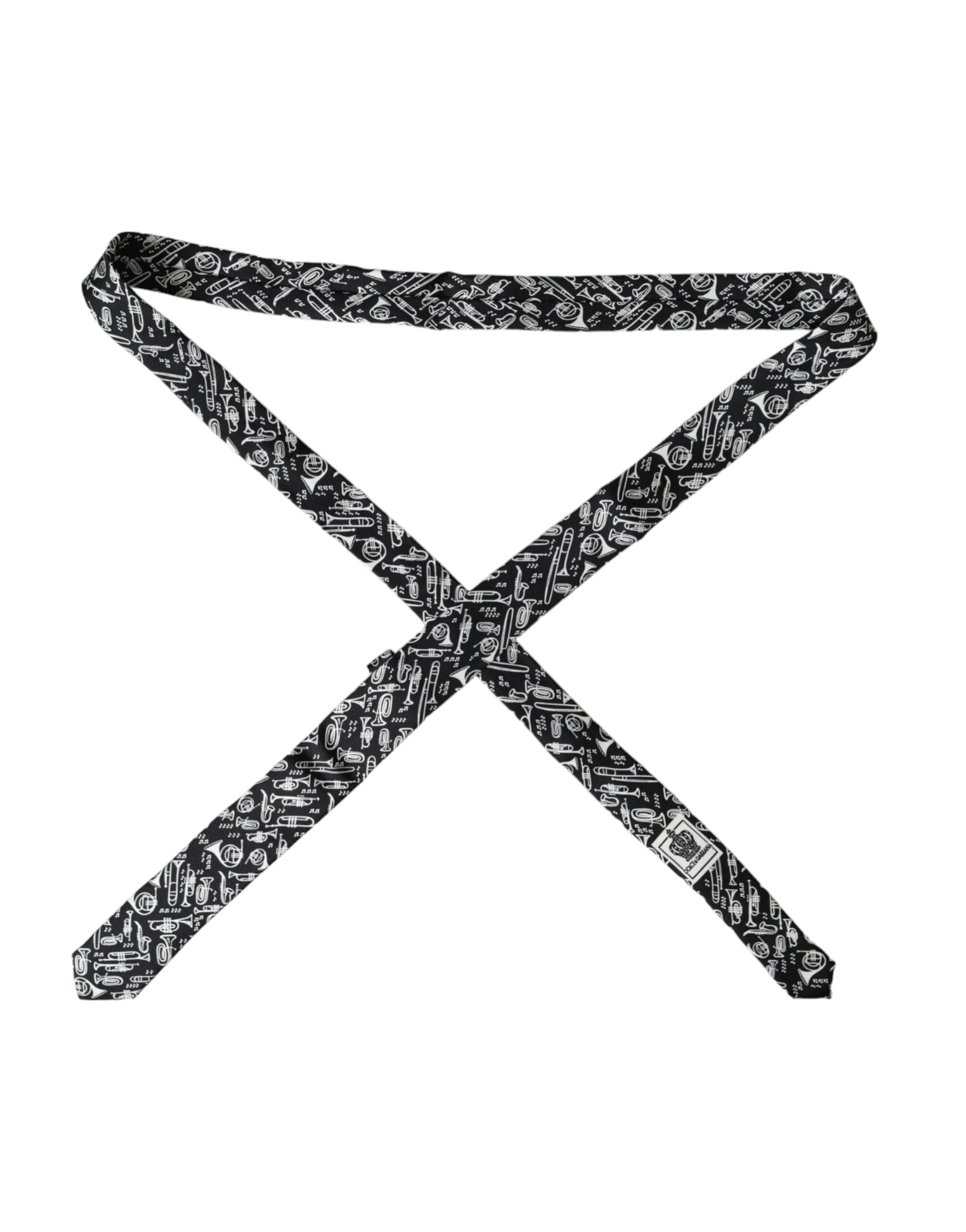 Black silk adjustable tie with trumpet print from Dolce & Gabbana, featuring a stylish and elegant design for formal wear.