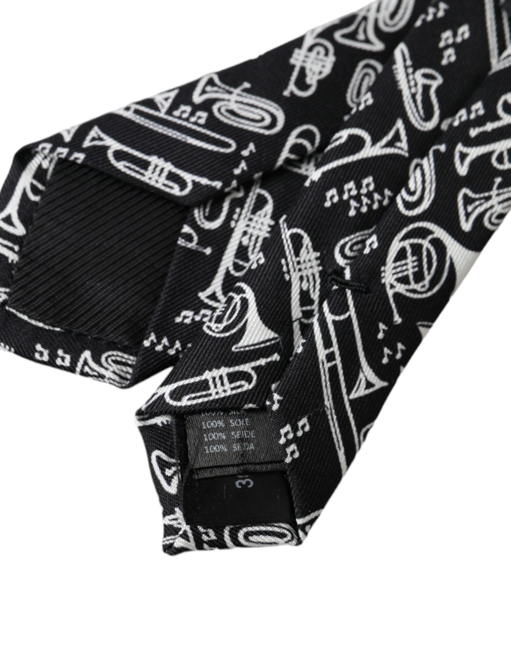 Black trumpet print silk adjustable tie by Dolce & Gabbana, featuring a sleek silk fabric with a stylish trumpet pattern.