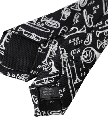 Black trumpet print silk adjustable tie by Dolce & Gabbana, featuring a sleek silk fabric with a stylish trumpet pattern.