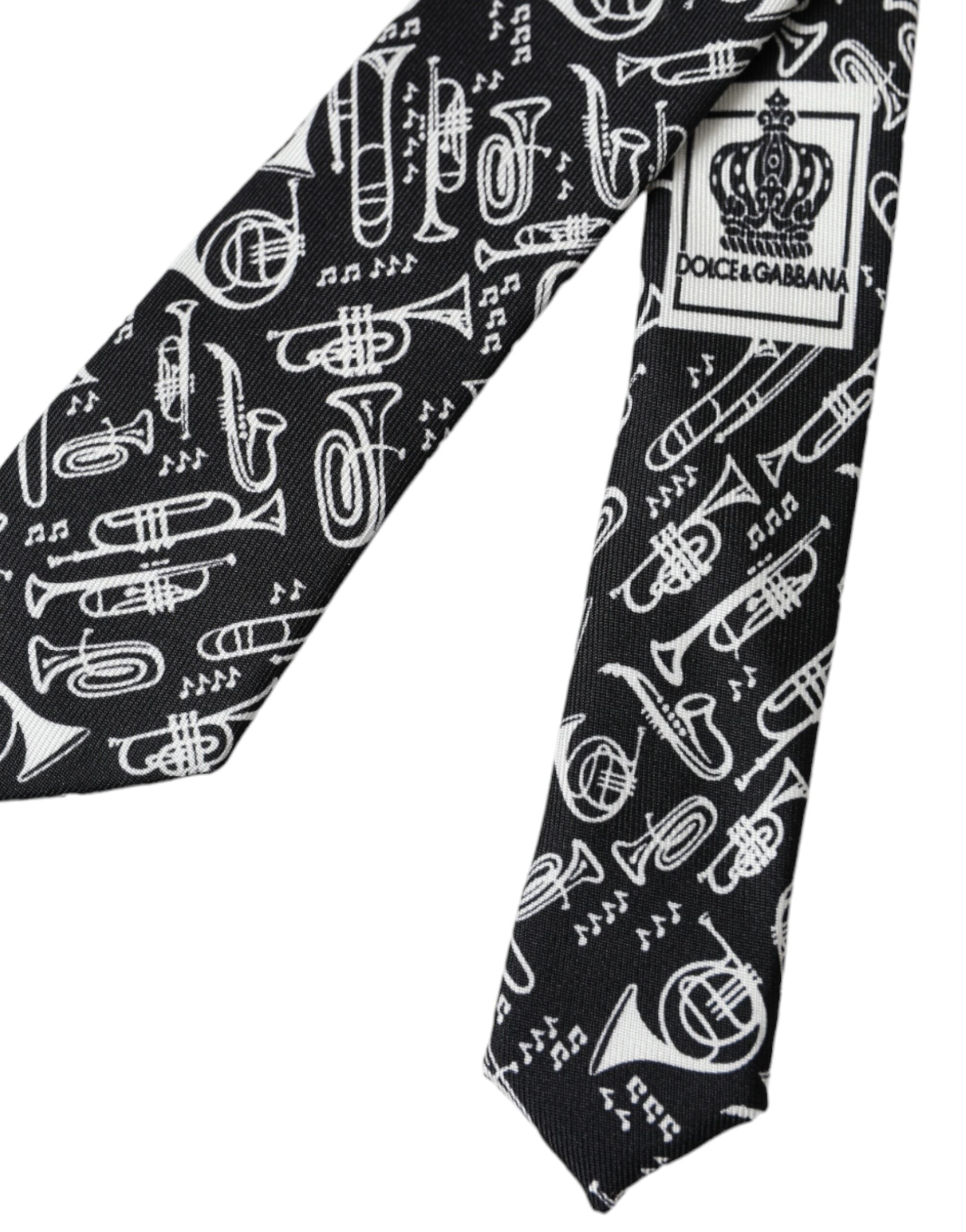 Black trumpet print silk adjustable tie by Dolce & Gabbana, featuring a stylish and elegant design.
