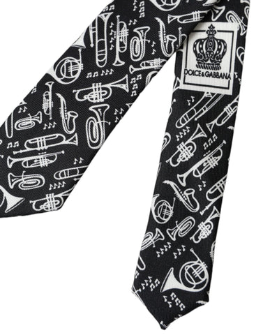 Black trumpet print silk adjustable tie by Dolce & Gabbana, featuring a stylish and elegant design.