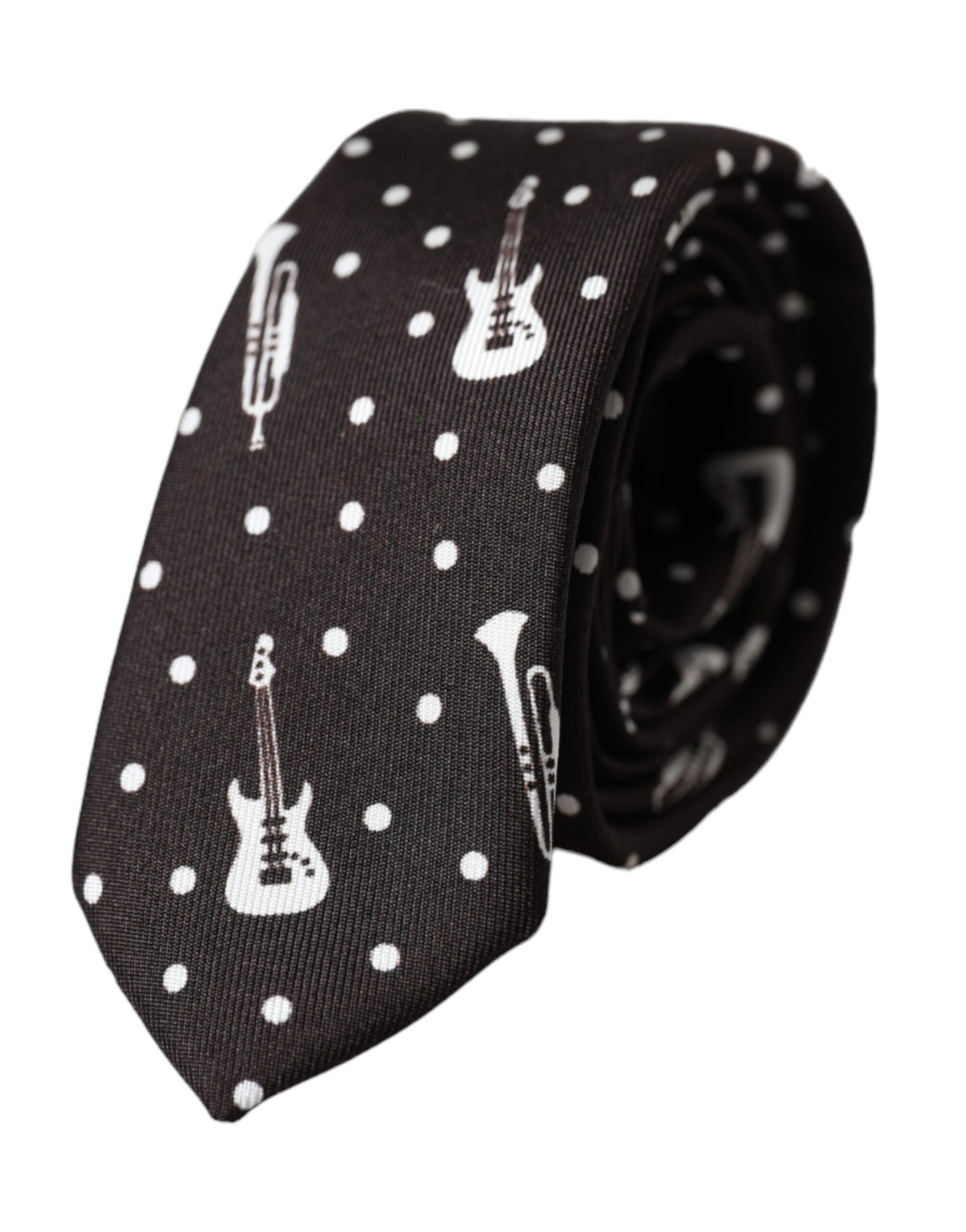 Black silk tie with guitar print design from Dolce & Gabbana, adjustable style, perfect for stylish formal or casual wear.