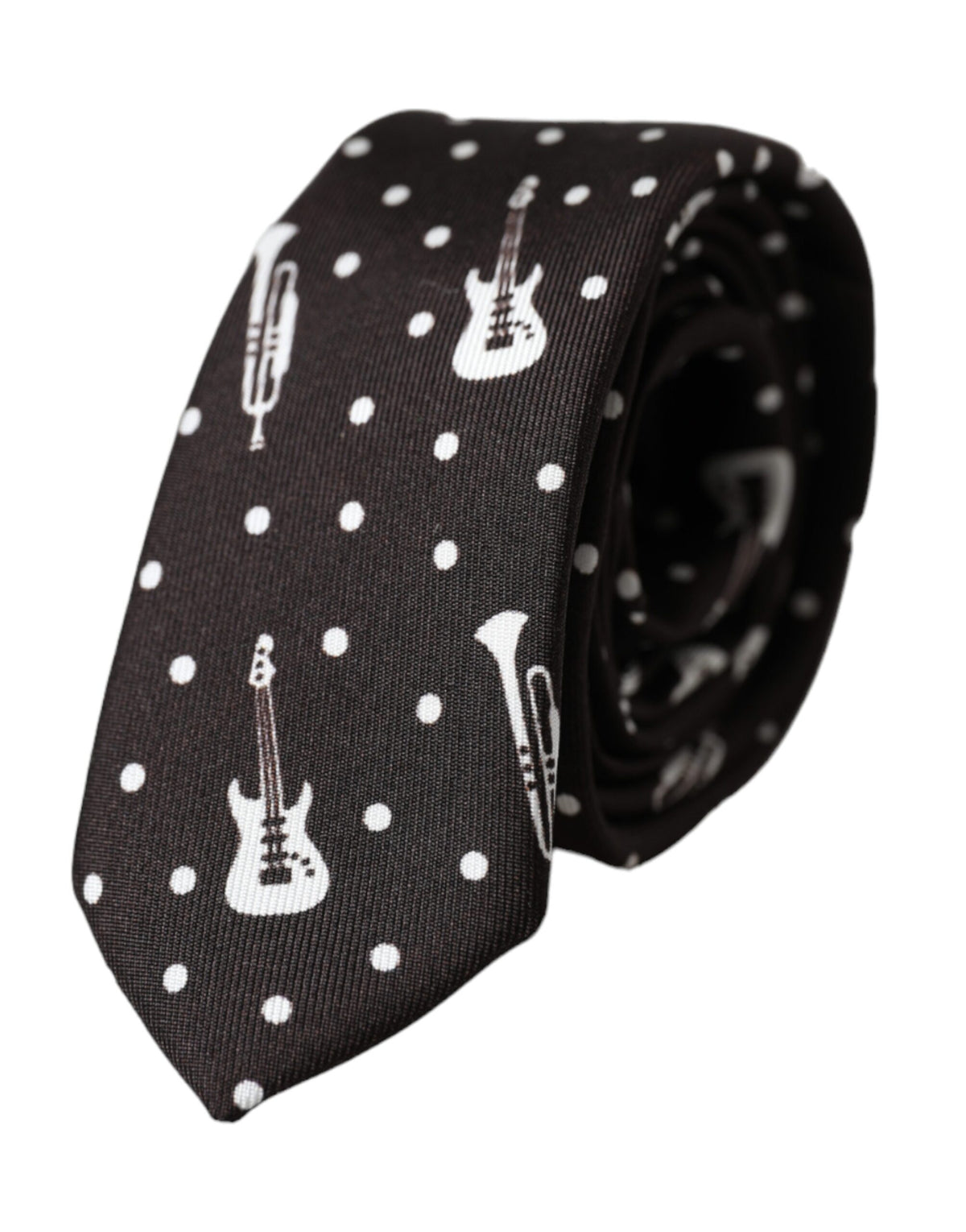Black silk tie with guitar print design from Dolce & Gabbana, adjustable style, perfect for stylish formal or casual wear.