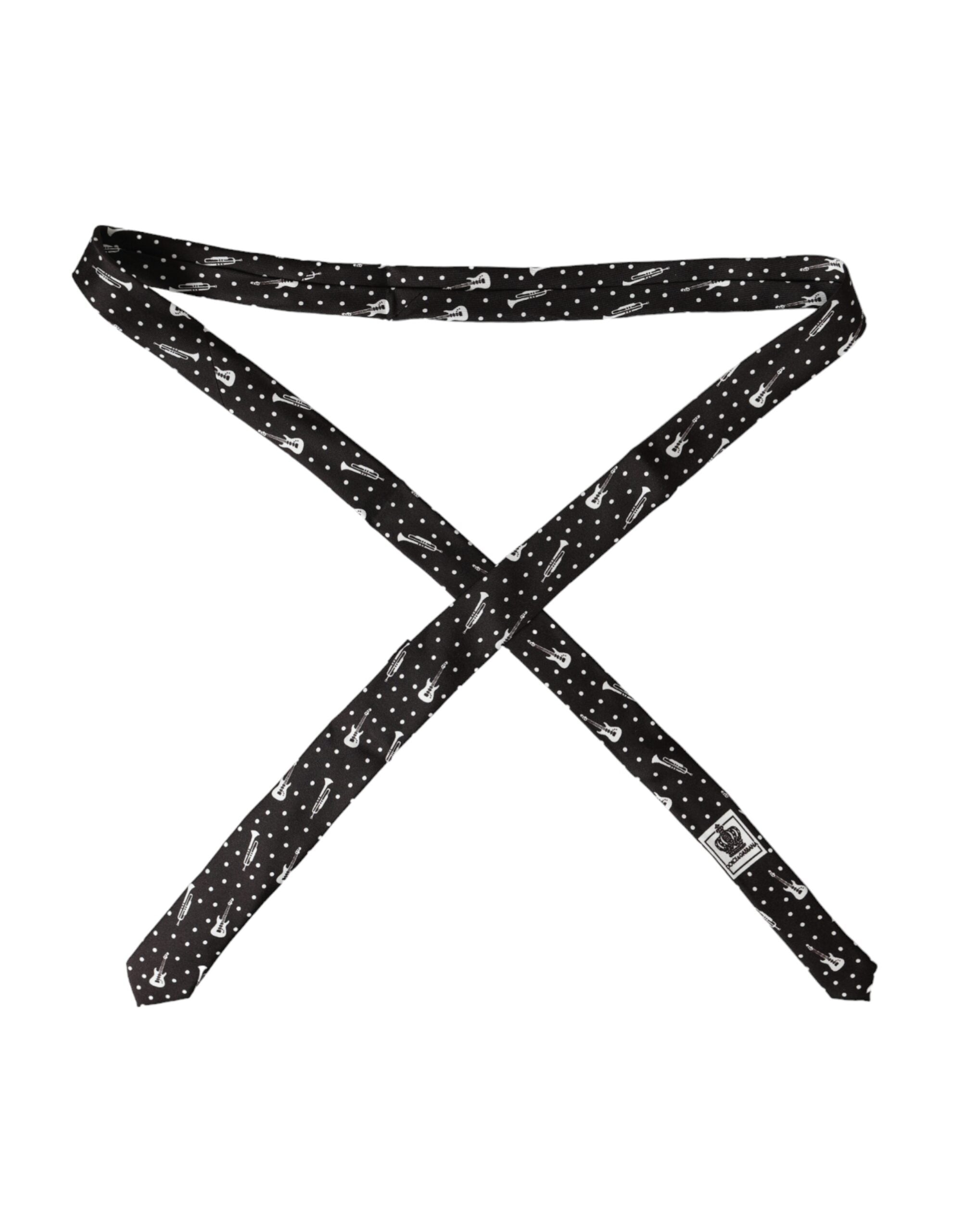 Black silk adjustable tie featuring a guitar print design, crafted by Dolce & Gabbana.