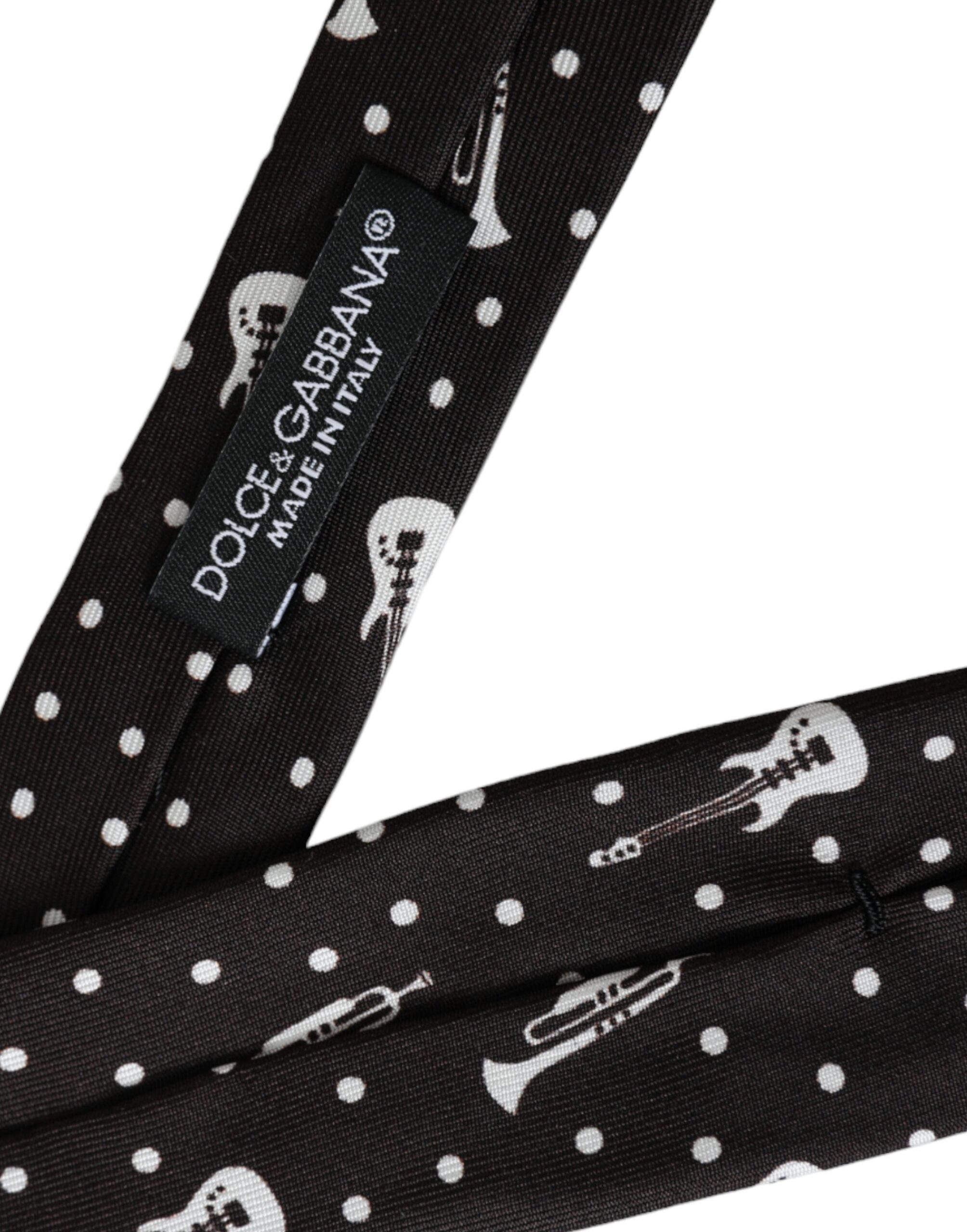 Black silk adjustable tie featuring a guitar print design from Dolce & Gabbana, showcasing the detailed pattern and sleek fabric.