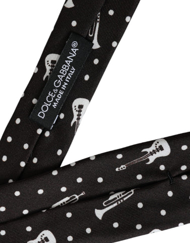 Black silk adjustable tie featuring a guitar print design from Dolce & Gabbana, showcasing the detailed pattern and sleek fabric.