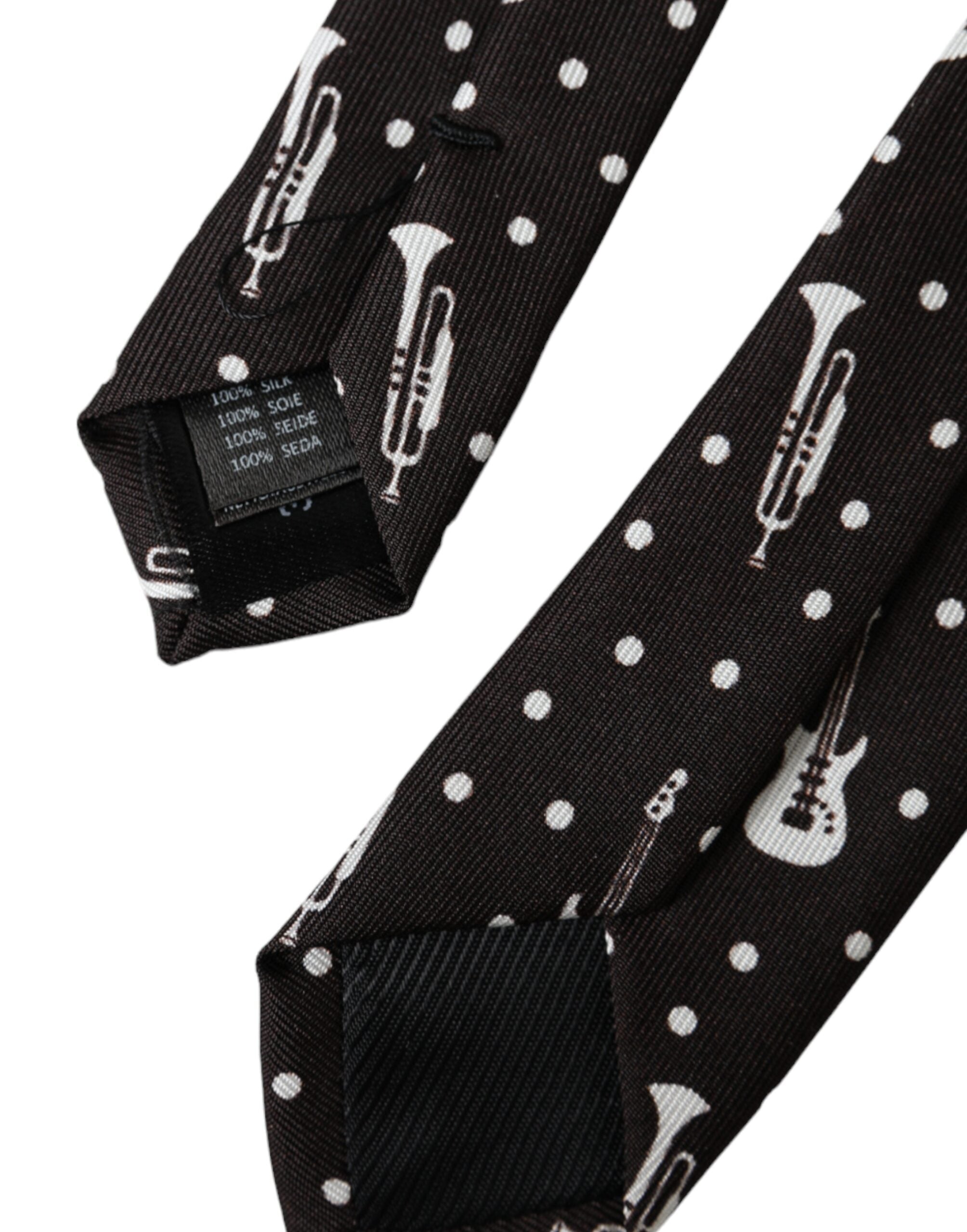Black silk adjustable tie featuring a guitar print design from Dolce & Gabbana, with detailed musical instrument pattern.