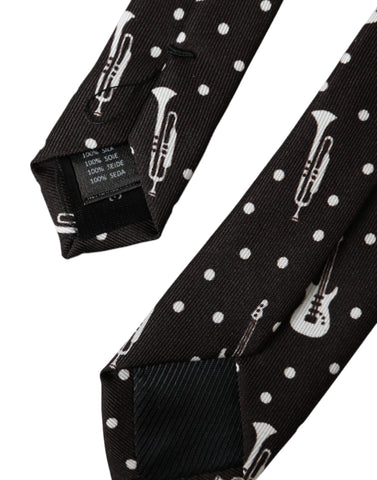 Black silk adjustable tie featuring a guitar print design from Dolce & Gabbana, with detailed musical instrument pattern.