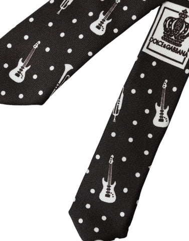 Black silk adjustable tie with guitar print from Dolce & Gabbana, featuring a stylish and modern design for men.
