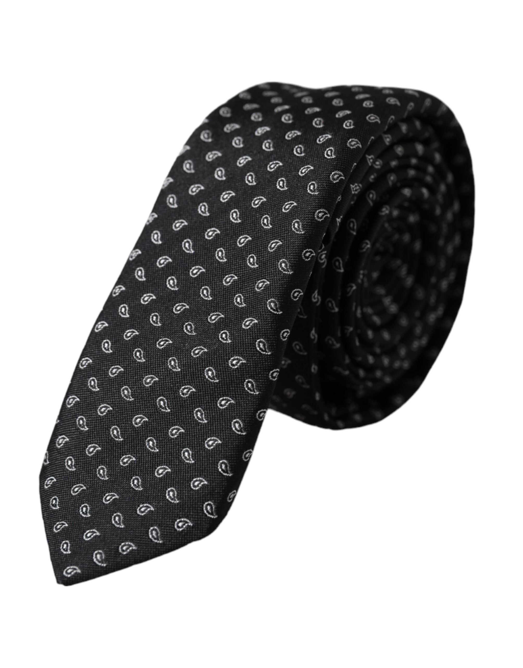 Black Jacquard patterned silk men's tie by Dolce & Gabbana, featuring an adjustable design and intricate woven pattern.