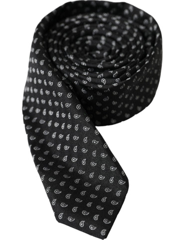 Black Jacquard patterned silk men's tie by Dolce & Gabbana, featuring an adjustable design and intricate woven pattern.
