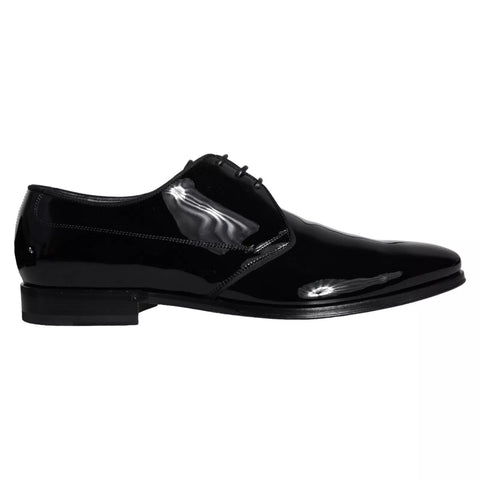 Black calfskin leather Derby men's dress shoes by Dolce & Gabbana, featuring sleek design and polished finish.