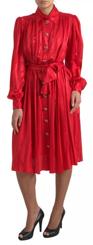 Red satin silk midi dress with button-down front and belt, by Dolce & Gabbana, featuring a stylish and elegant design.