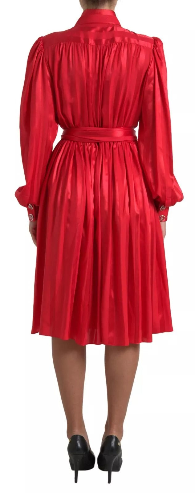 Red button-down belted midi satin silk dress by Dolce & Gabbana, showing a close-up of the elegant, shiny fabric and classic design.