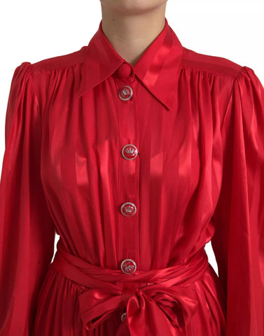 Red satin midi silk dress with button-down front and belt from Dolce & Gabbana, shown on a model.
