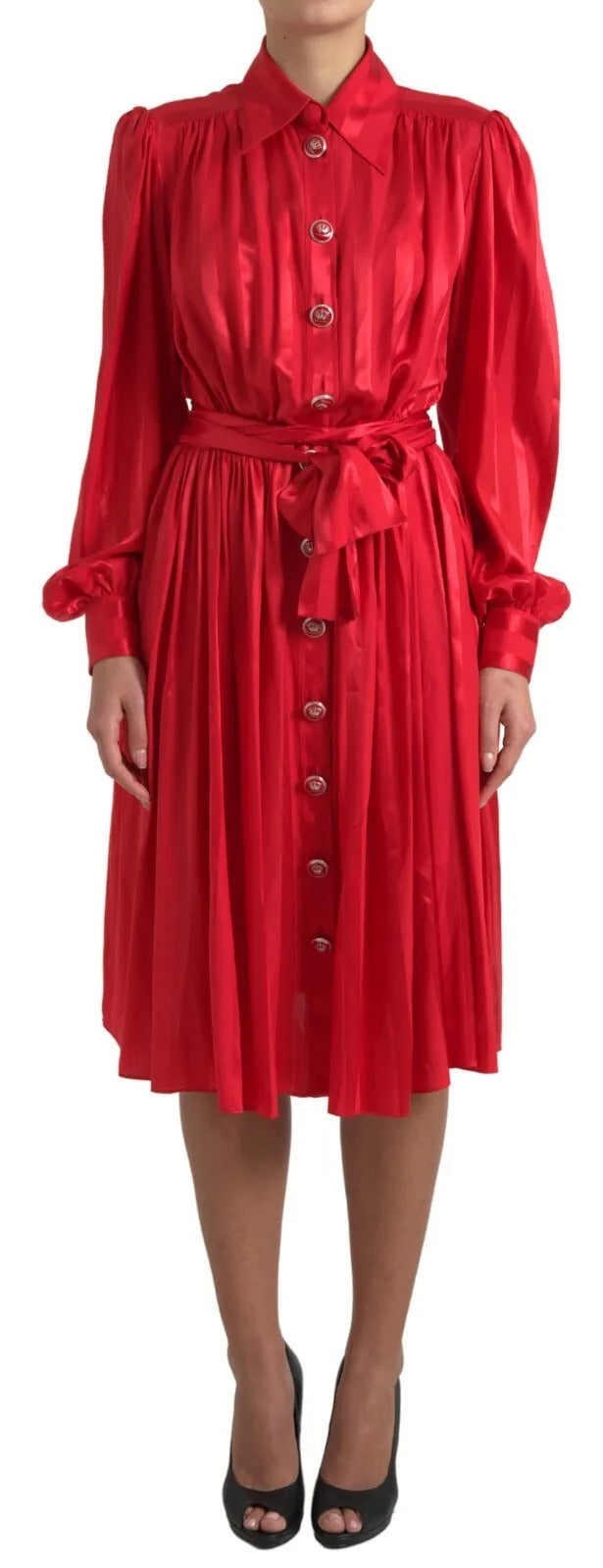 Red satin silk midi dress with button-down front and belt by Dolce & Gabbana, showcased on a mannequin.