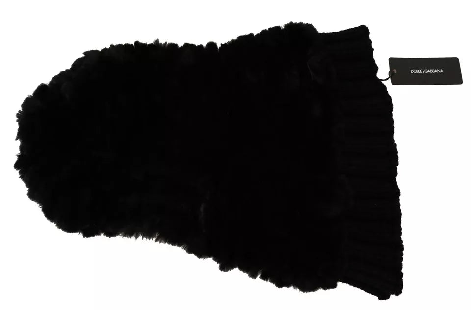 Black silver fox fur cashmere hooded scarf by Dolce & Gabbana showing plush fur and soft cashmere fabric with a hood detail.