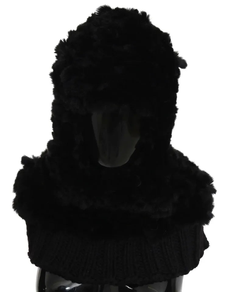 Black silver fox fur cashmere hooded scarf by Dolce & Gabbana, showcasing luxurious fur and soft cashmere fabric.