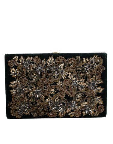 Black velvet clutch purse with gold frame, designed for evening parties, by Dolce & Gabbana.