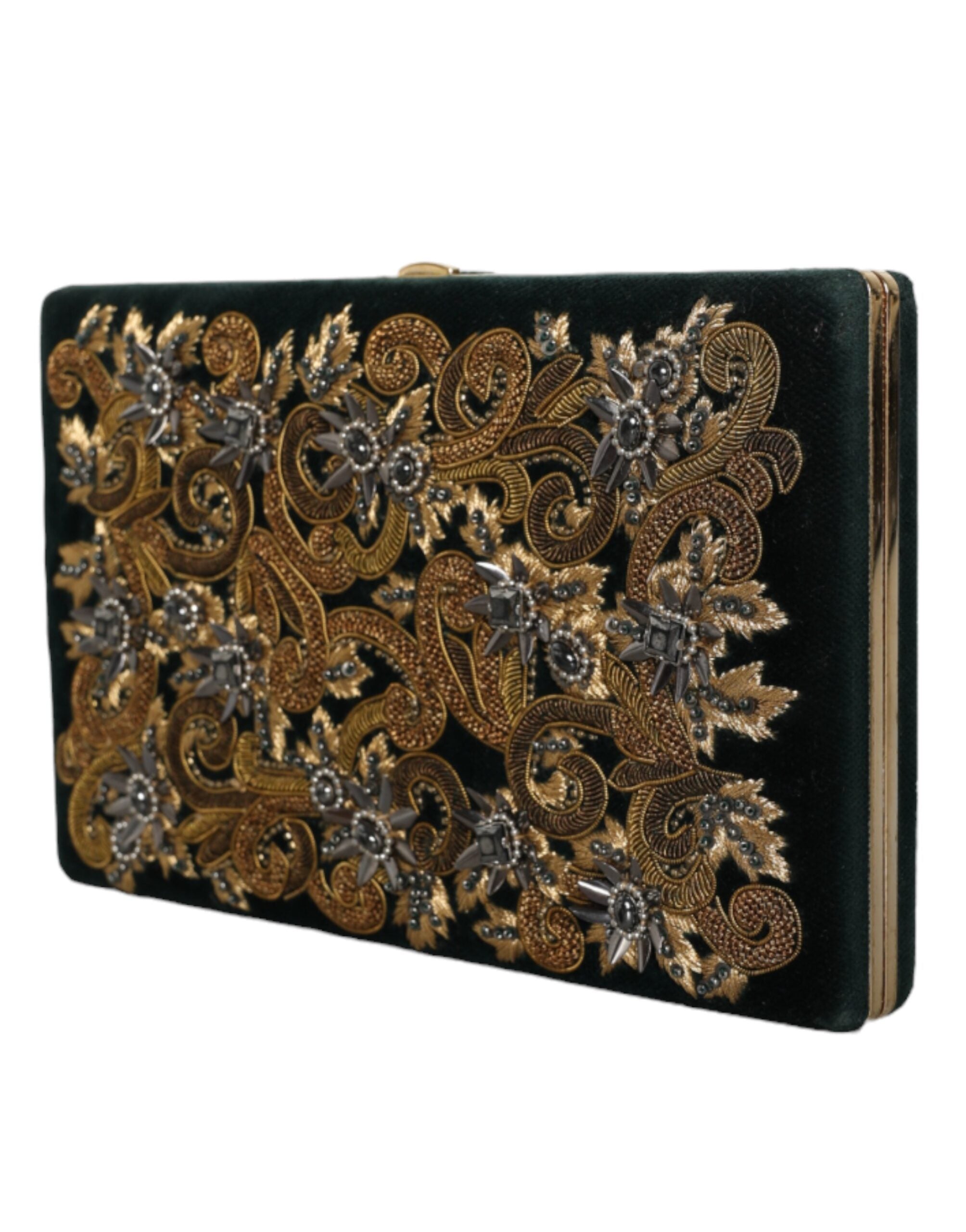 Black velvet Dolce & Gabbana clutch purse with gold frame for evening and party occasions.
