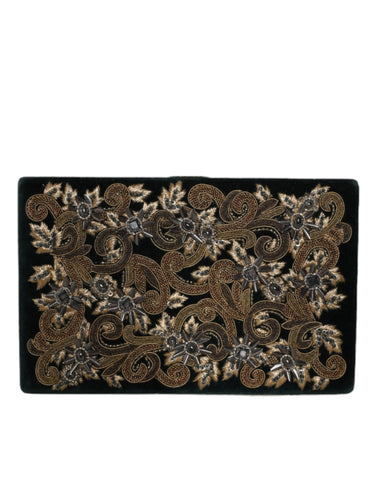 Black velvet clutch purse with gold frame, elegant evening party bag by Dolce & Gabbana, featuring a sleek, sophisticated design.