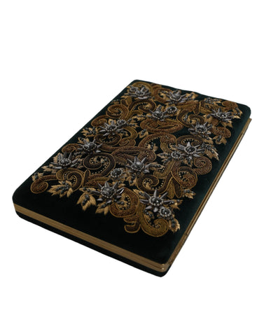 Dolce & Gabbana black velvet clutch purse with gold frame for evening parties, elegant party bag with a sleek design.