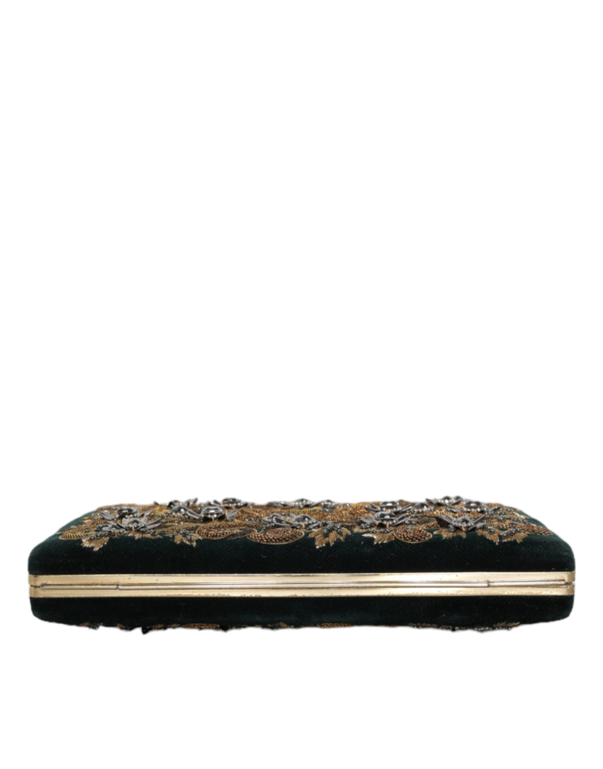 Black velvet clutch purse with a gold frame, designed by Dolce & Gabbana, perfect for evening parties and formal occasions.