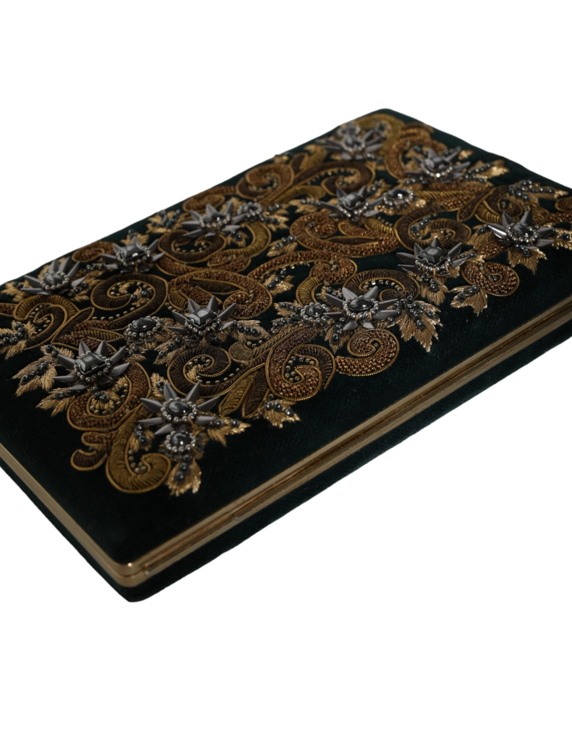 Black velvet clutch purse with gold frame, designed for evening parties, by Dolce & Gabbana, featuring a sleek, elegant style.