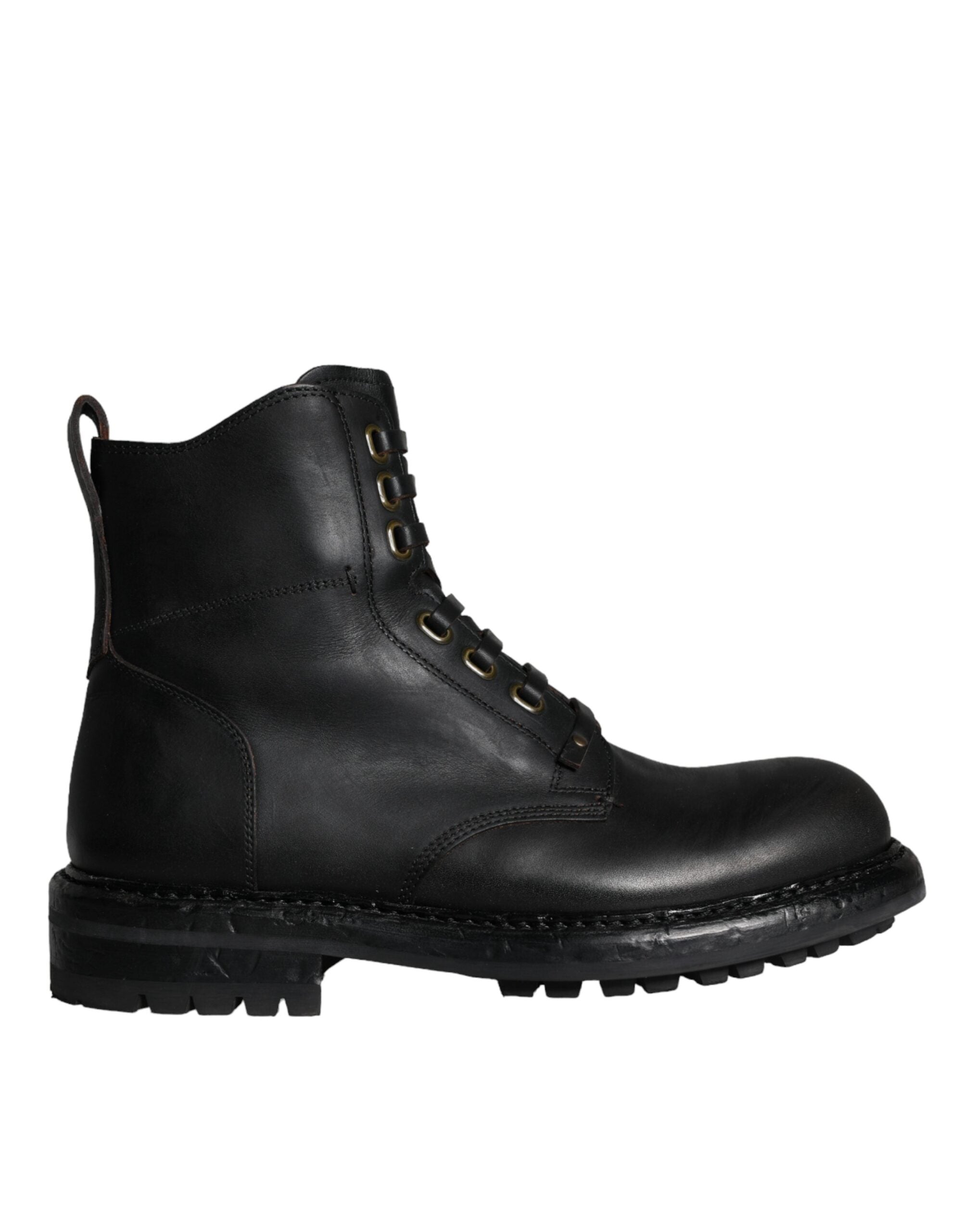 Black lace-up mid-calf men's boots by Dolce & Gabbana with stylish design and sturdy sole, perfect for fashion-forward footwear.