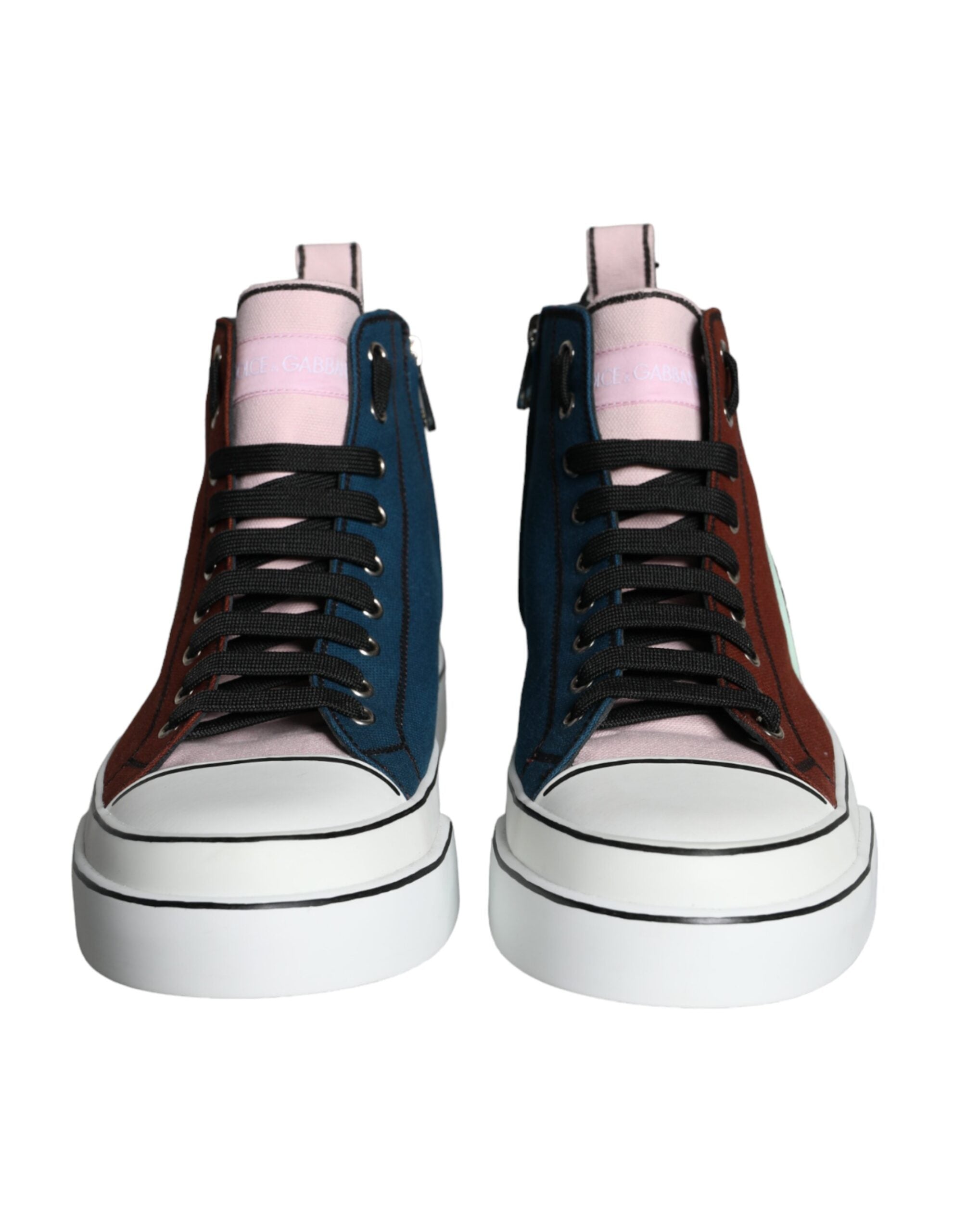 Multicolor patchwork high top sneaker shoes by Dolce & Gabbana with vibrant fabric panels and white rubber soles.