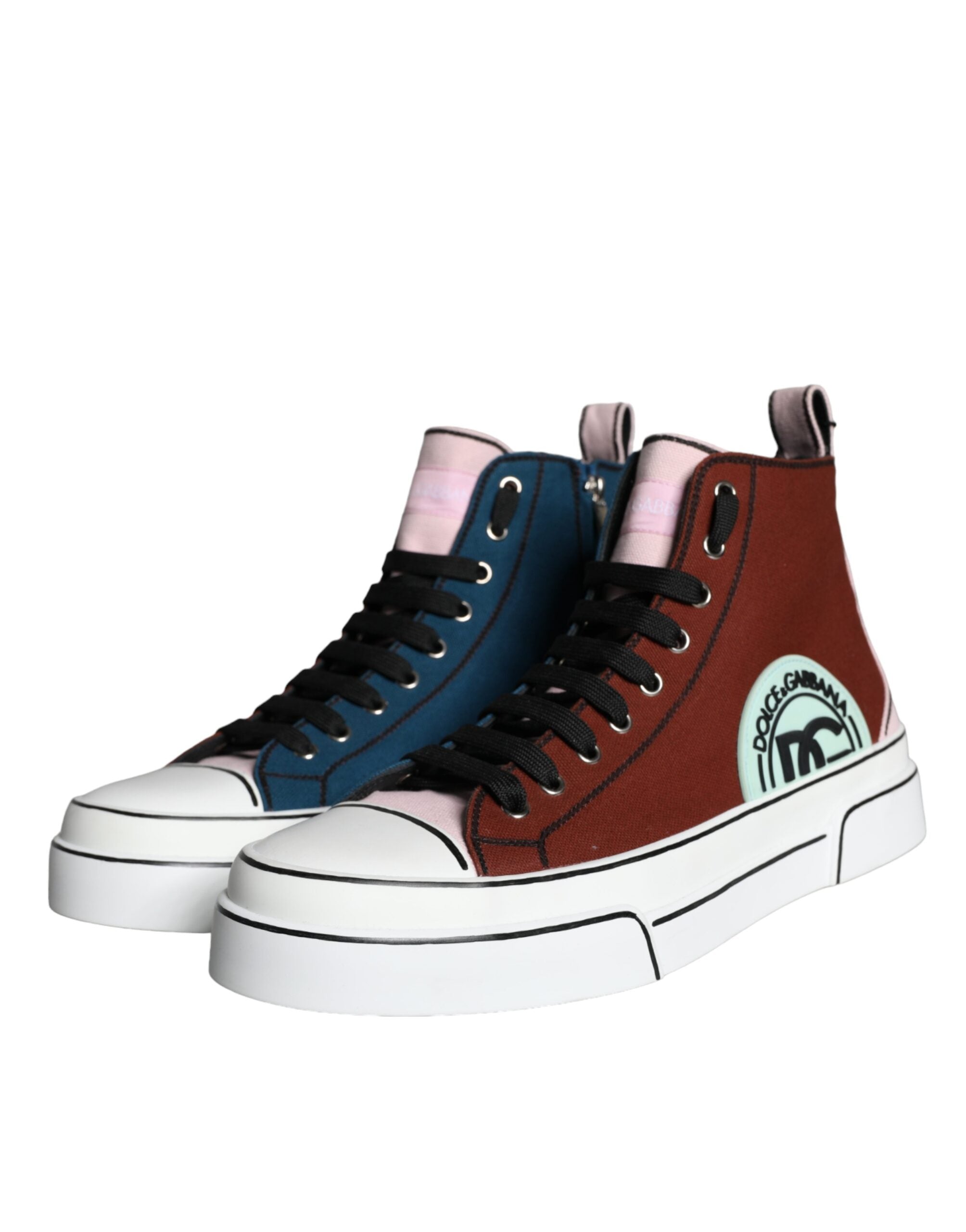 Multicolor patchwork high top sneaker shoes by Dolce & Gabbana with vibrant fabric panels and white rubber sole.