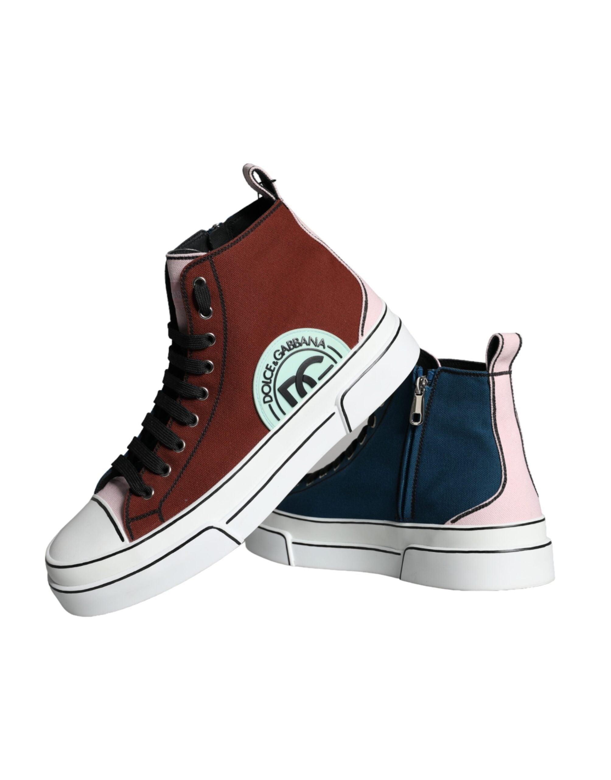 Multicolor patchwork high-top sneaker shoes by Dolce & Gabbana with vibrant fabric patterns and white rubber sole.