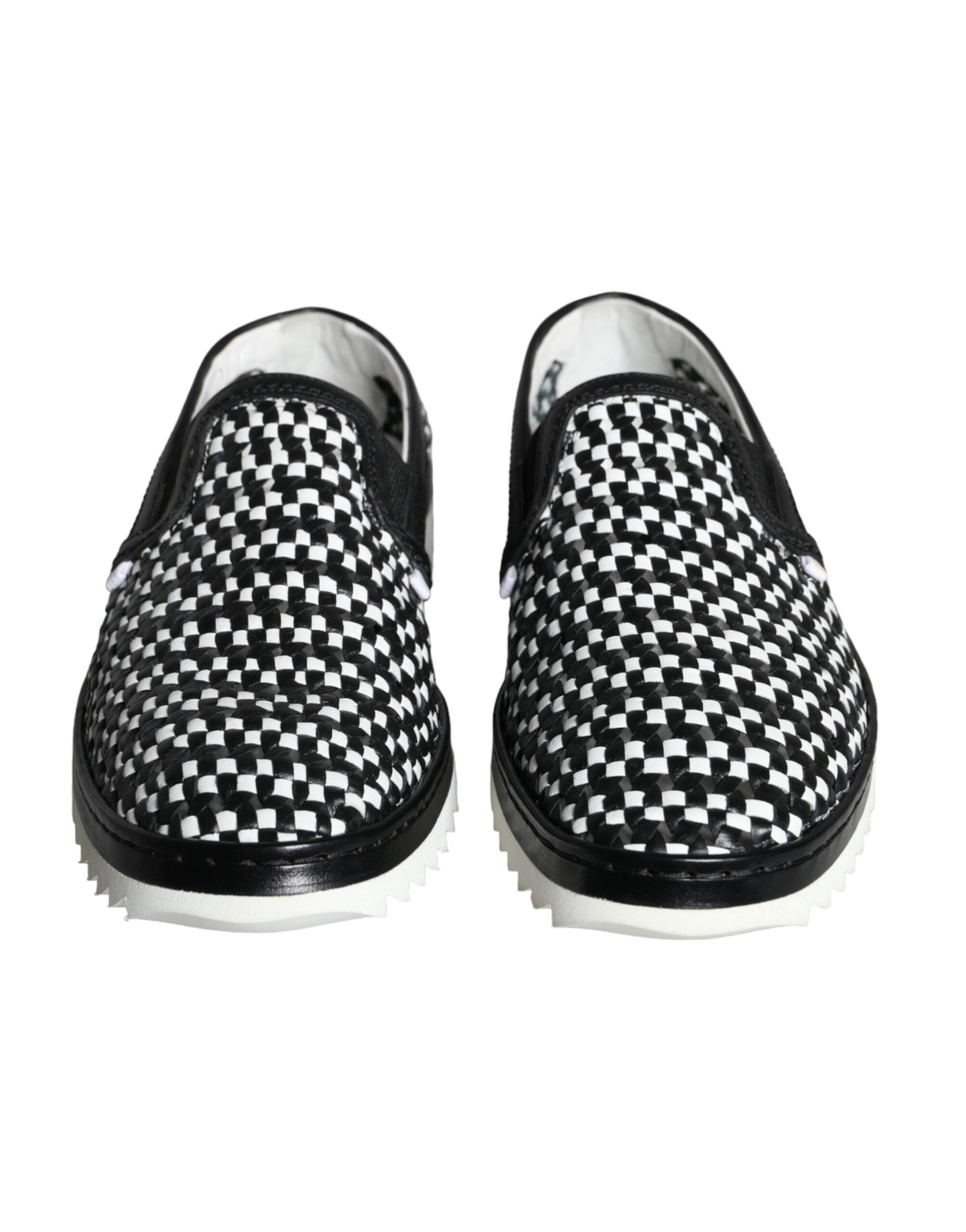 Dolce & Gabbana black and white woven slip-on men's loafers shoes displayed on a white background.