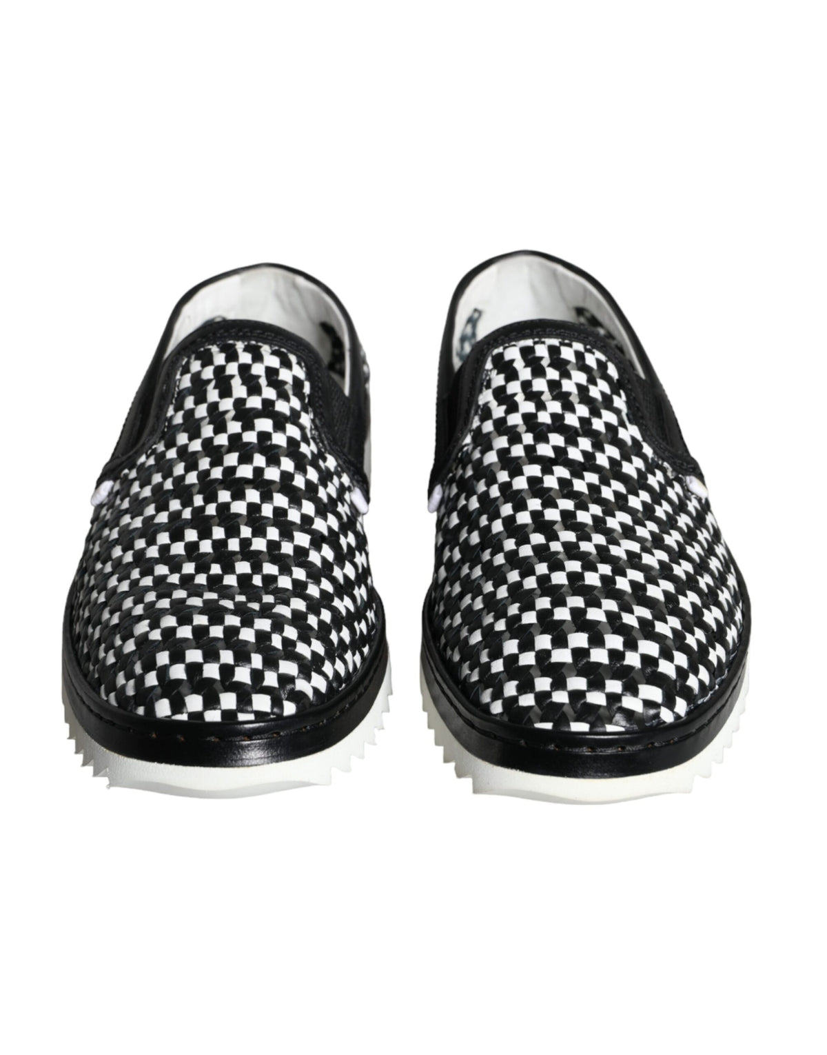 Dolce & Gabbana black and white woven slip-on men's loafers shoes displayed on a white background.