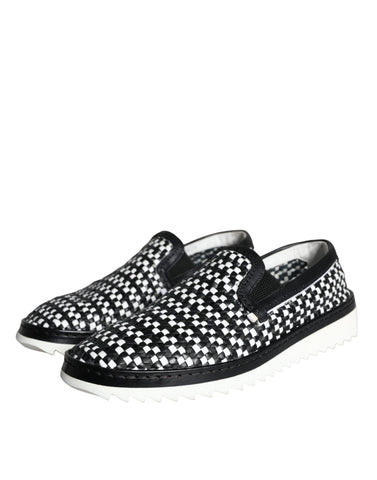 Black and white woven slip-on men's loafers by Dolce & Gabbana, featuring a sleek design and comfortable fit.