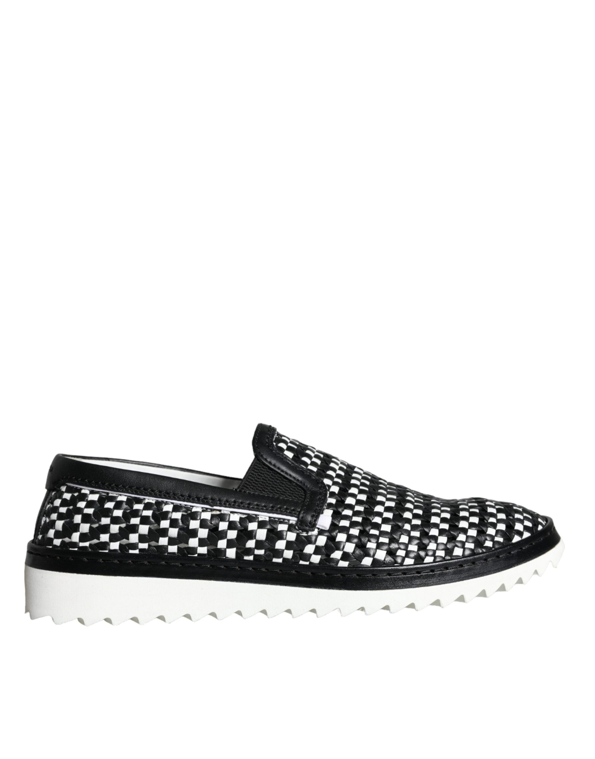 Black and white woven slip-on men's loafers by Dolce & Gabbana, showcasing a stylish, textured design with a comfortable fit.