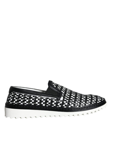 Black and white woven slip-on men's loafers by Dolce & Gabbana, featuring a sleek, stylish design and comfortable fit.