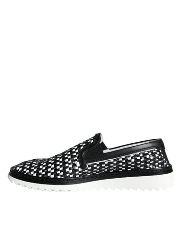 Black and white woven slip-on men's loafers by Dolce & Gabbana, featuring a stylish and comfortable design.