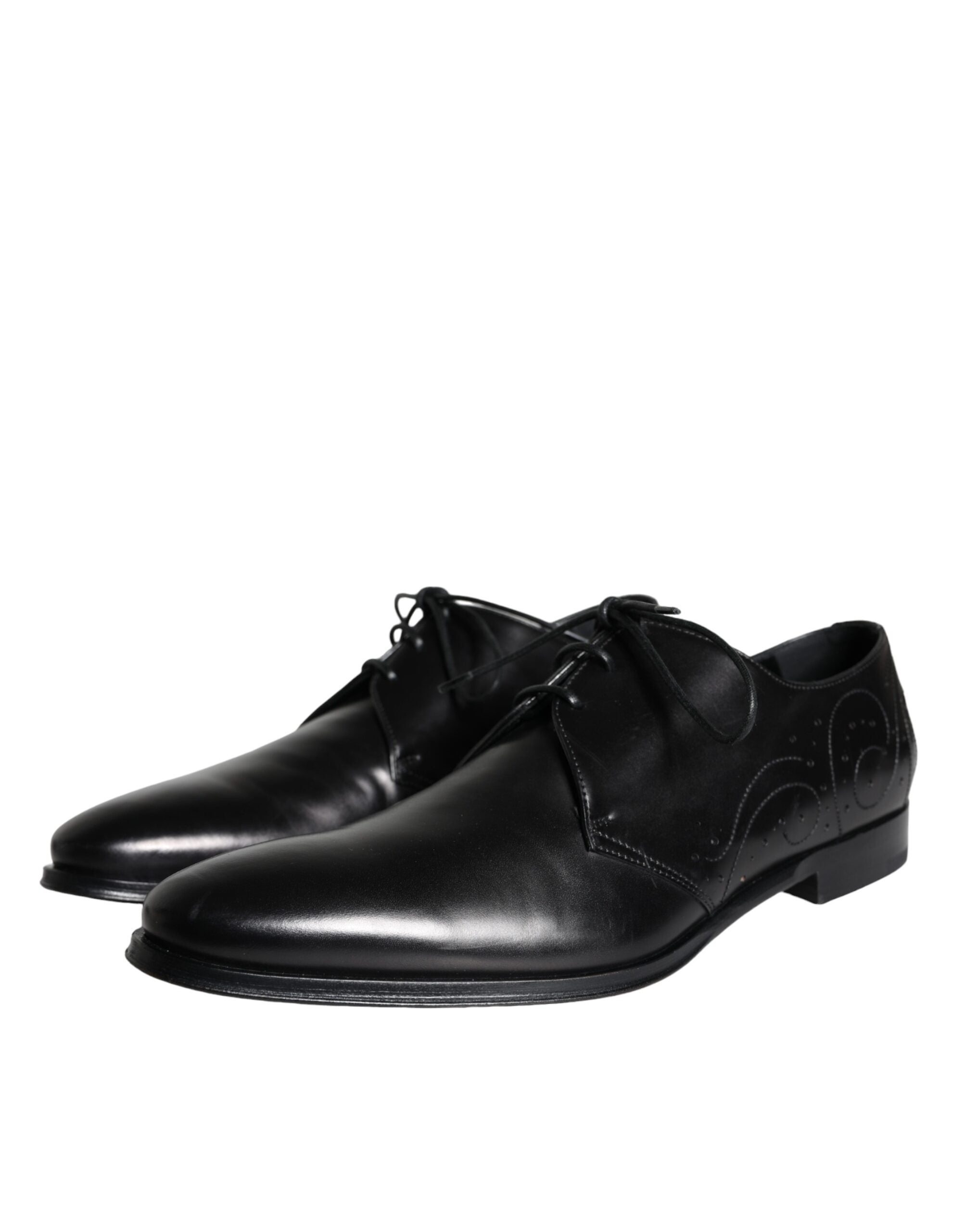 Black calfskin leather Derby men's dress shoes by Dolce & Gabbana, featuring sleek design and polished finish.