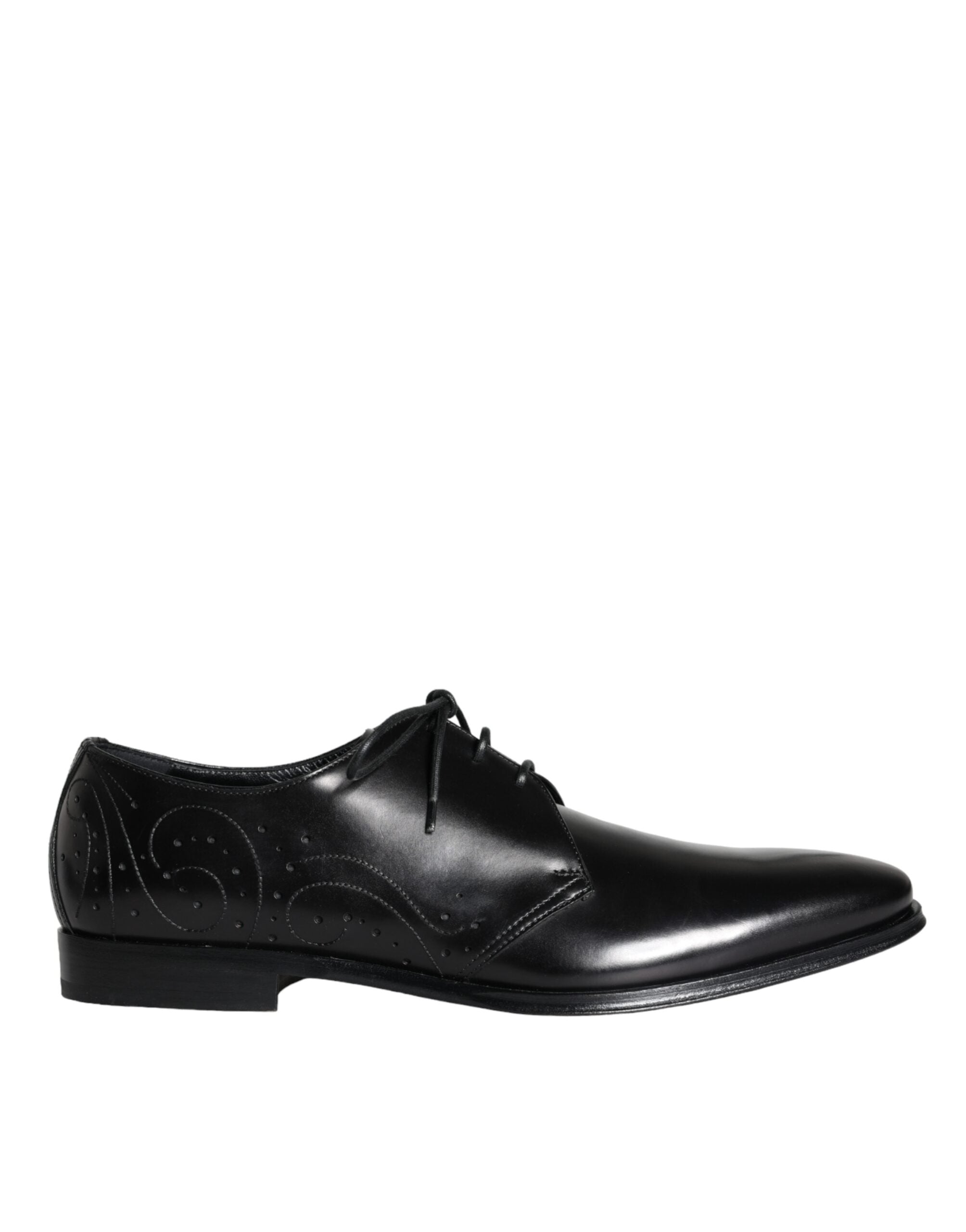 Black calfskin leather Derby men's dress shoes by Dolce & Gabbana, featuring sleek design and polished finish.