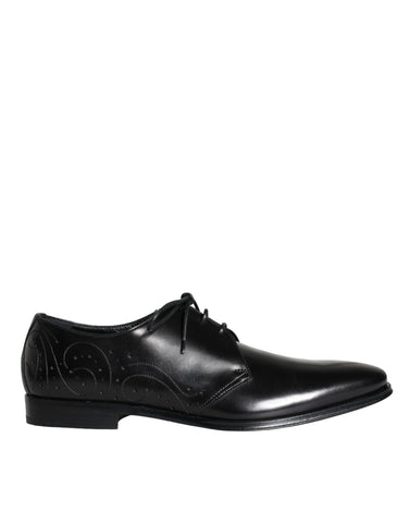 Black calfskin leather Derby men's dress shoes by Dolce & Gabbana, featuring sleek design and polished finish.