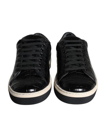 Black Leather Men Low Top Sneakers Shoes