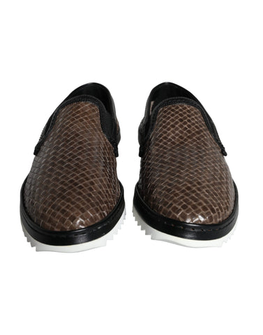 Brown and black leather woven men's loafers by Dolce & Gabbana showing detailed craftsmanship and stylish design.