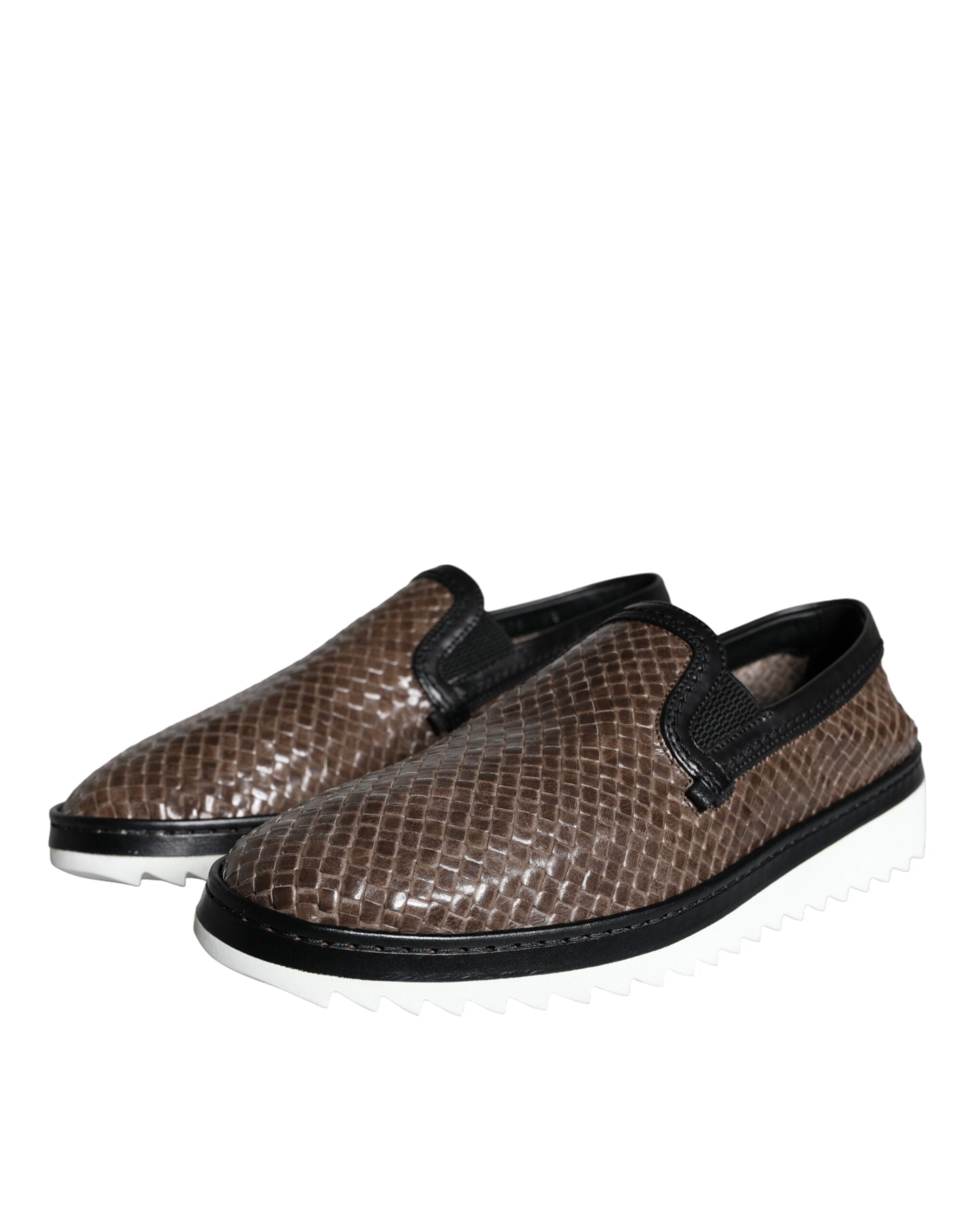 Brown and black leather woven men's loafers by Dolce & Gabbana, featuring a stylish and textured slip-on design.