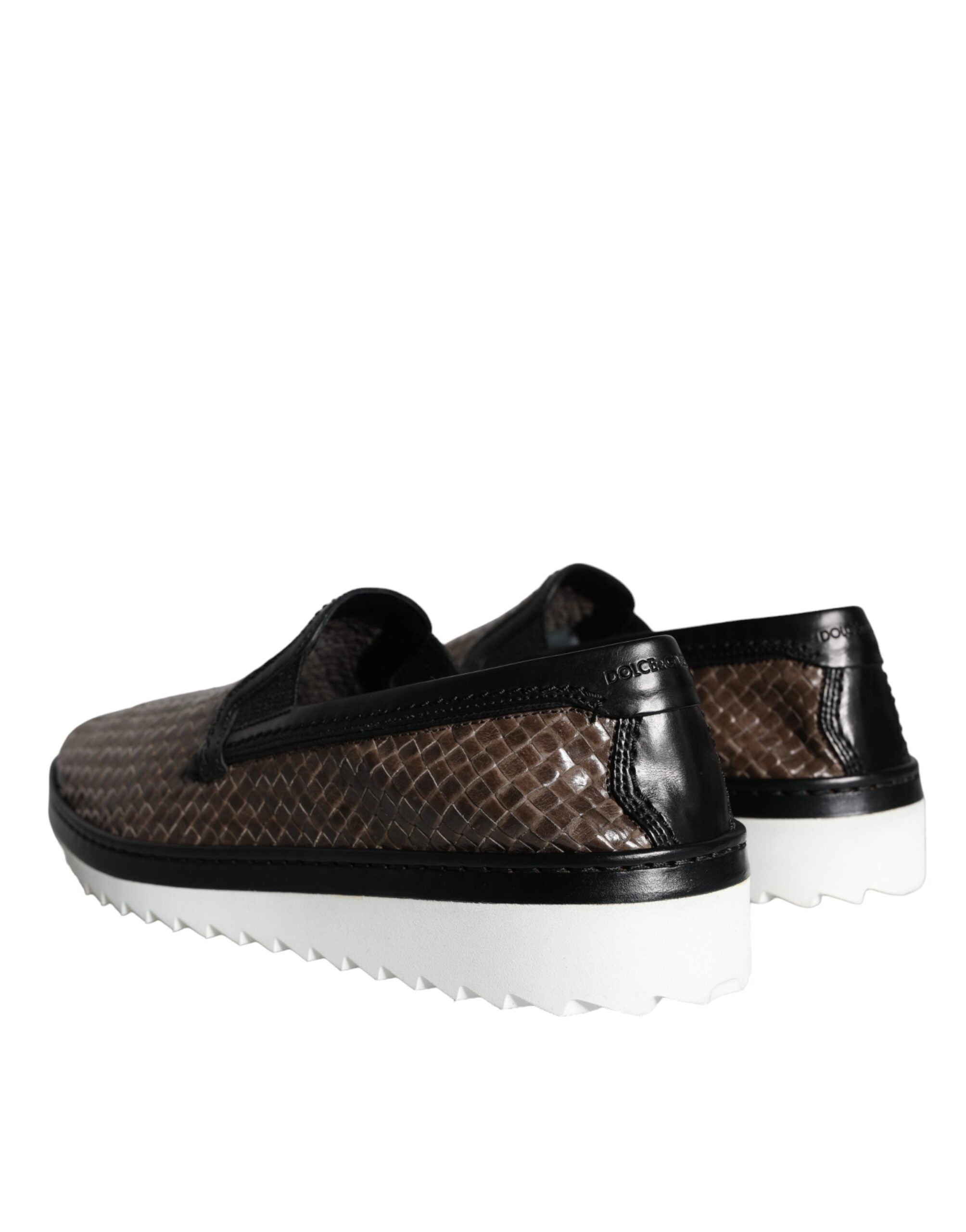 Brown and black leather weaved men's loafers shoes by Dolce & Gabbana, featuring a stylish and textured design.