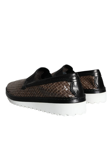 Brown and black leather weaved men's loafers shoes by Dolce & Gabbana, featuring a stylish and textured design.
