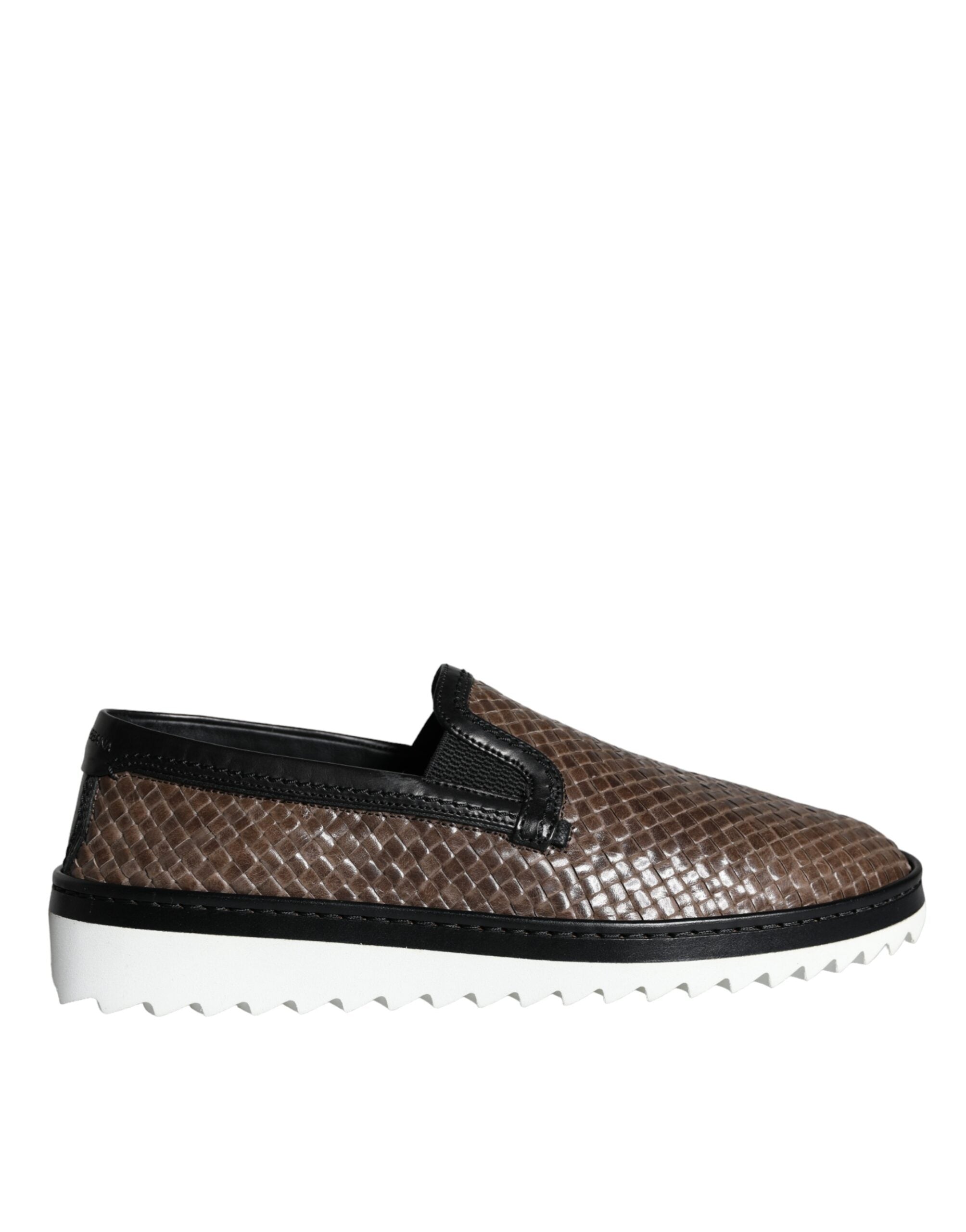 Brown and black leather woven men's loafers by Dolce & Gabbana, featuring a stylish and comfortable slip-on design.